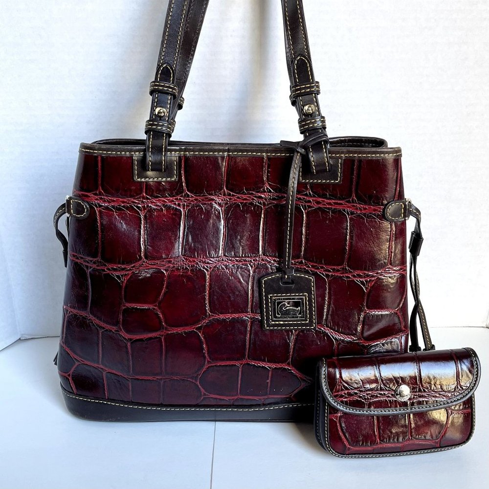 Dooney & Bourke Croco Embossed red leather satchel & wallet alligator tassel